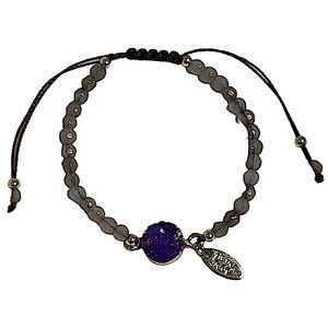 Pull tie cloudy grey crystal beaded bracelet with purple crystal charm NEW